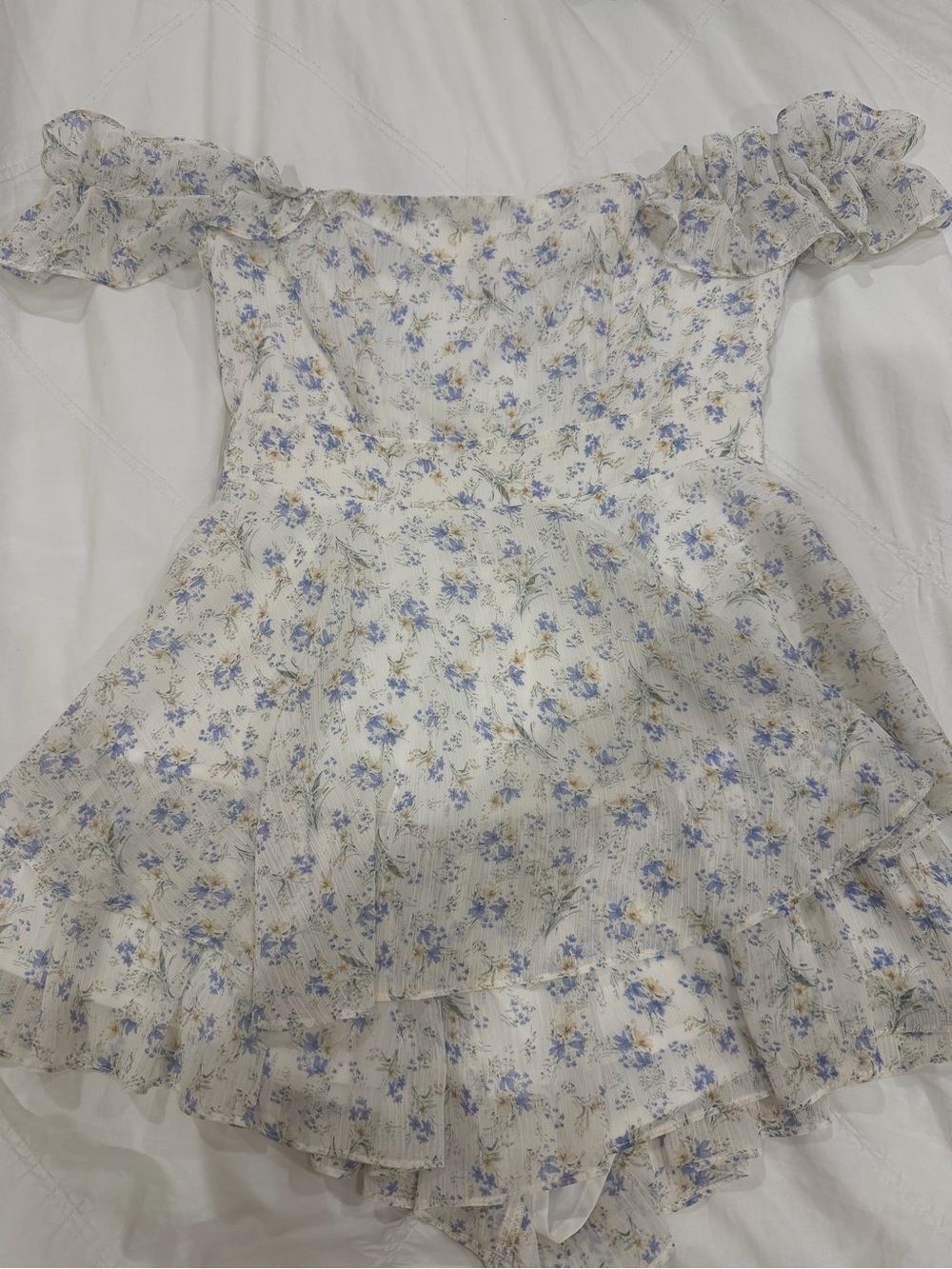 Women’s Floral Off-Shoulder Dress in Light Blue and Cream with built in shorts